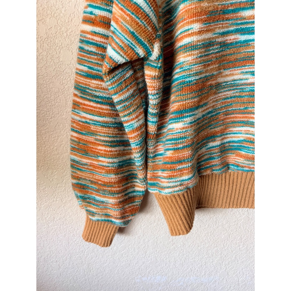 Vintage Fashion Womens Space Dye Knit XS Sweater Tan‎ Teal Crew Neck Ribbed Trim - Picture 10 of 11